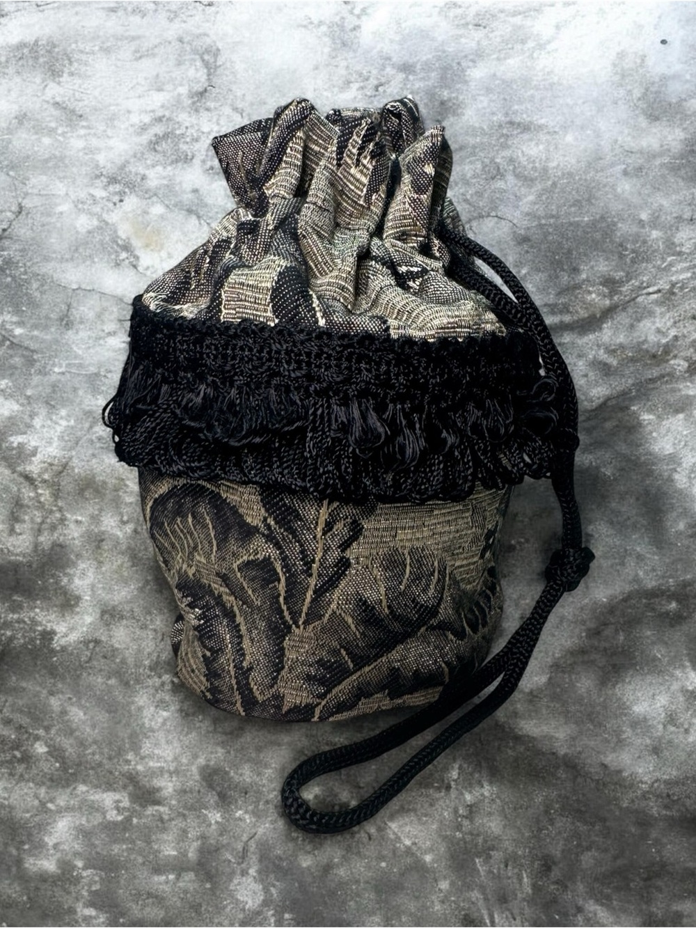 Black and Taupe Floral Drawstring Wristlet Bag